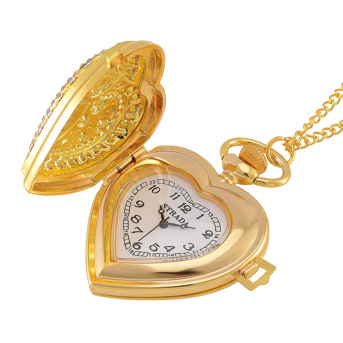 Strada Green Glass, Multi Color Austrian Crystal Japanese Movement Heart Shaped Pocket Watch with Chain (31 Inches) in Goldtone image number 4