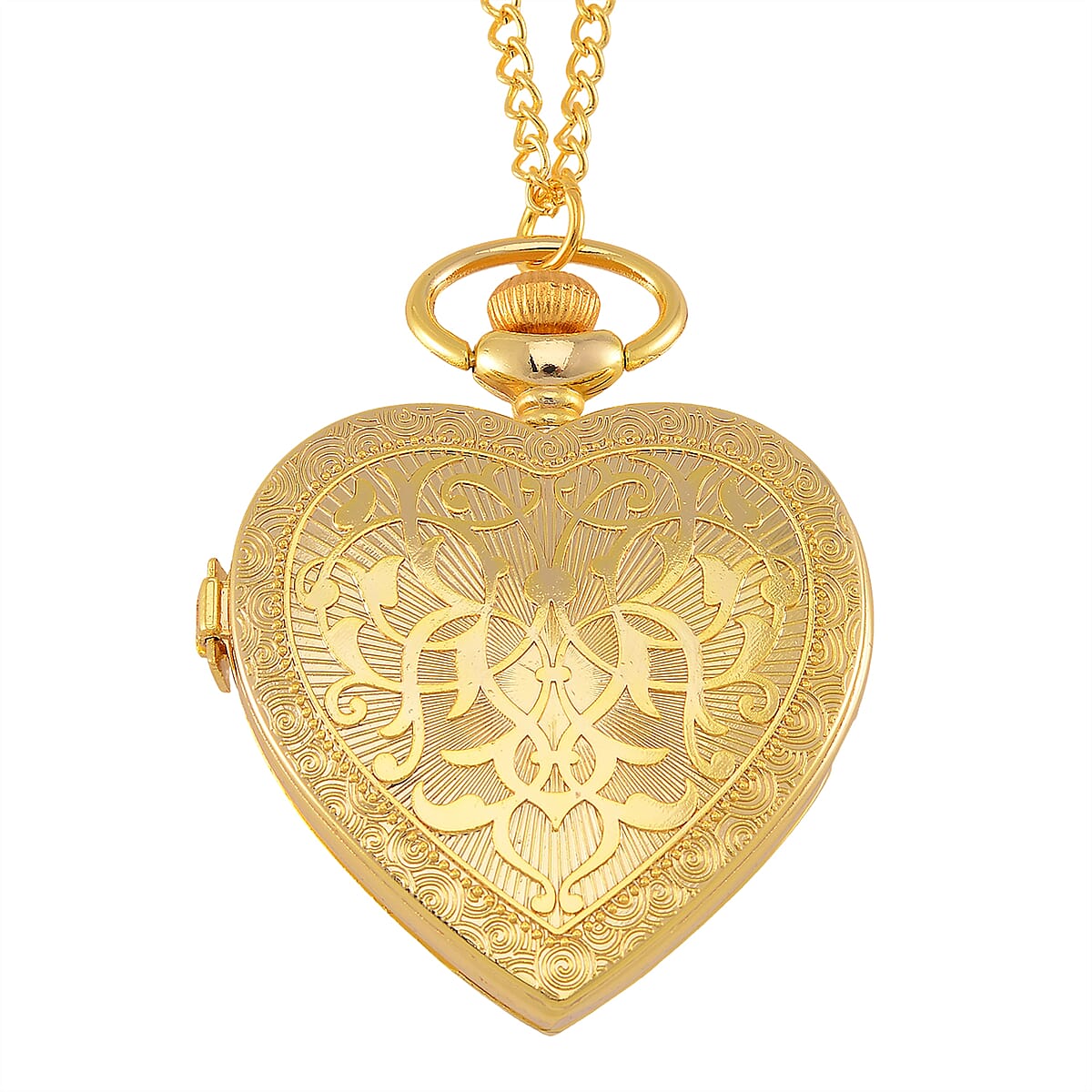 Strada Green Glass, Multi Color Austrian Crystal Japanese Movement Heart Shaped Pocket Watch with Chain (31 Inches) in Goldtone image number 5