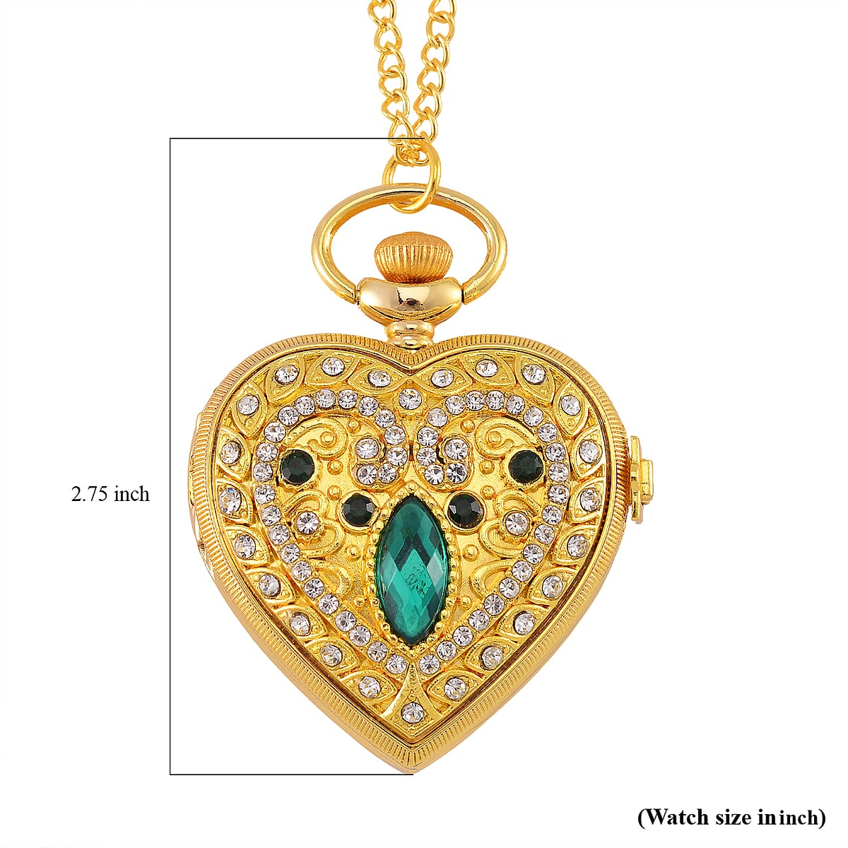 Strada Green Glass, Multi Color Austrian Crystal Japanese Movement Heart Shaped Pocket Watch with Chain (31 Inches) in Goldtone image number 7
