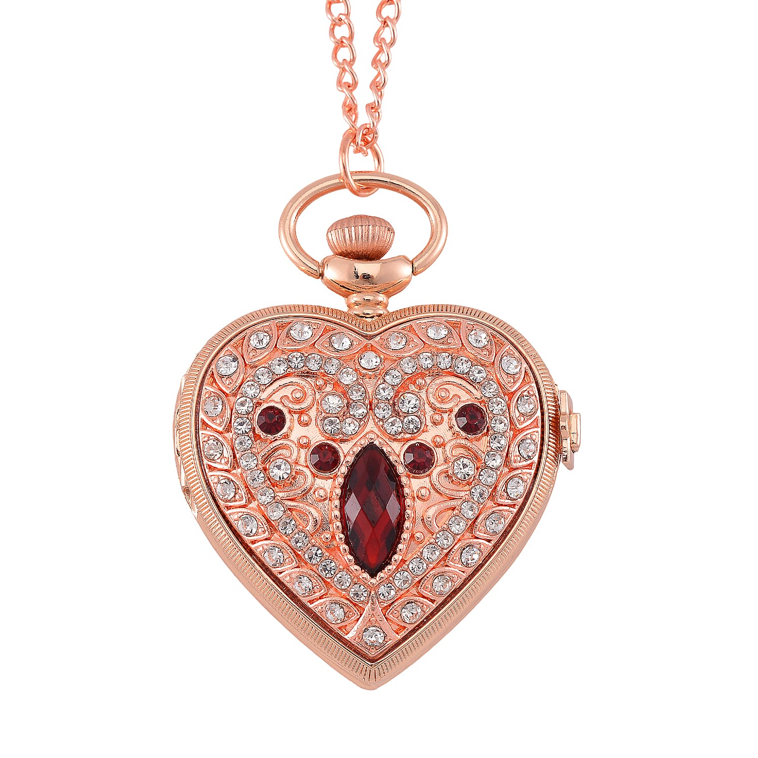 Strada Red Glass, Multi Color Austrian Crystal Japanese Movement Heart Shaped Pocket Watch with Chain (31 Inches) in Rosetone