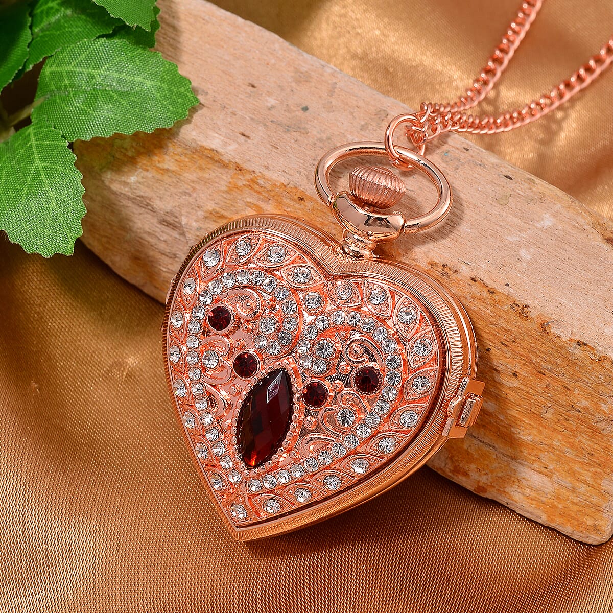 Strada Red Glass, Multi Color Austrian Crystal Japanese Movement Heart Shaped Pocket Watch with Chain (31 Inches) in Rosetone image number 1