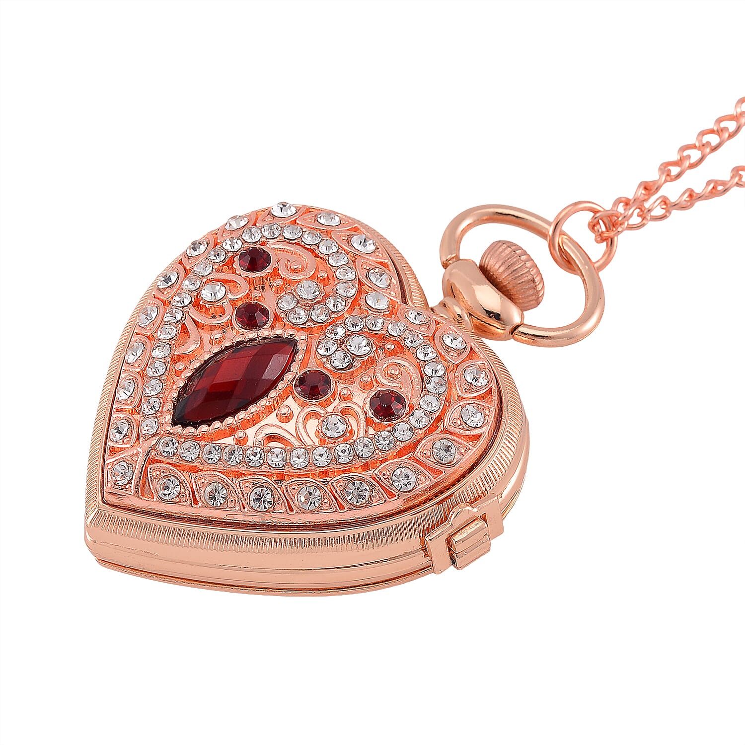 Strada Red Glass, Multi Color Austrian Crystal Japanese Movement Heart Shaped Pocket Watch with Chain (31 Inches) in Rosetone