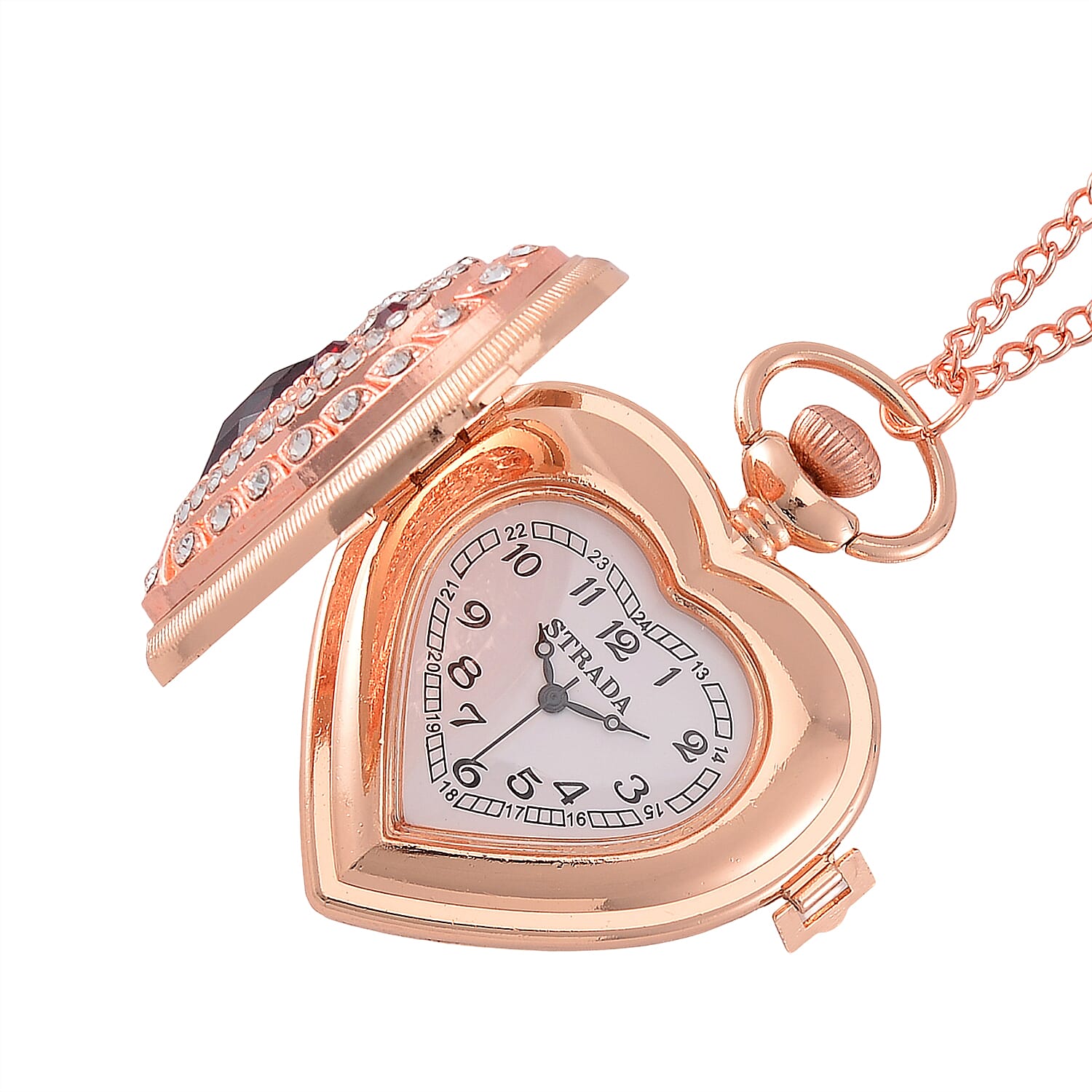 Strada Red Glass, Multi Color Austrian Crystal Japanese Movement Heart Shaped Pocket Watch with Chain (31 Inches) in Rosetone
