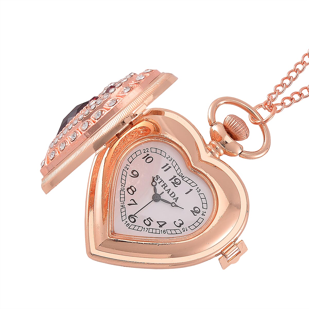 Strada Red Glass, Multi Color Austrian Crystal Japanese Movement Heart Shaped Pocket Watch with Chain (31 Inches) in Rosetone image number 3