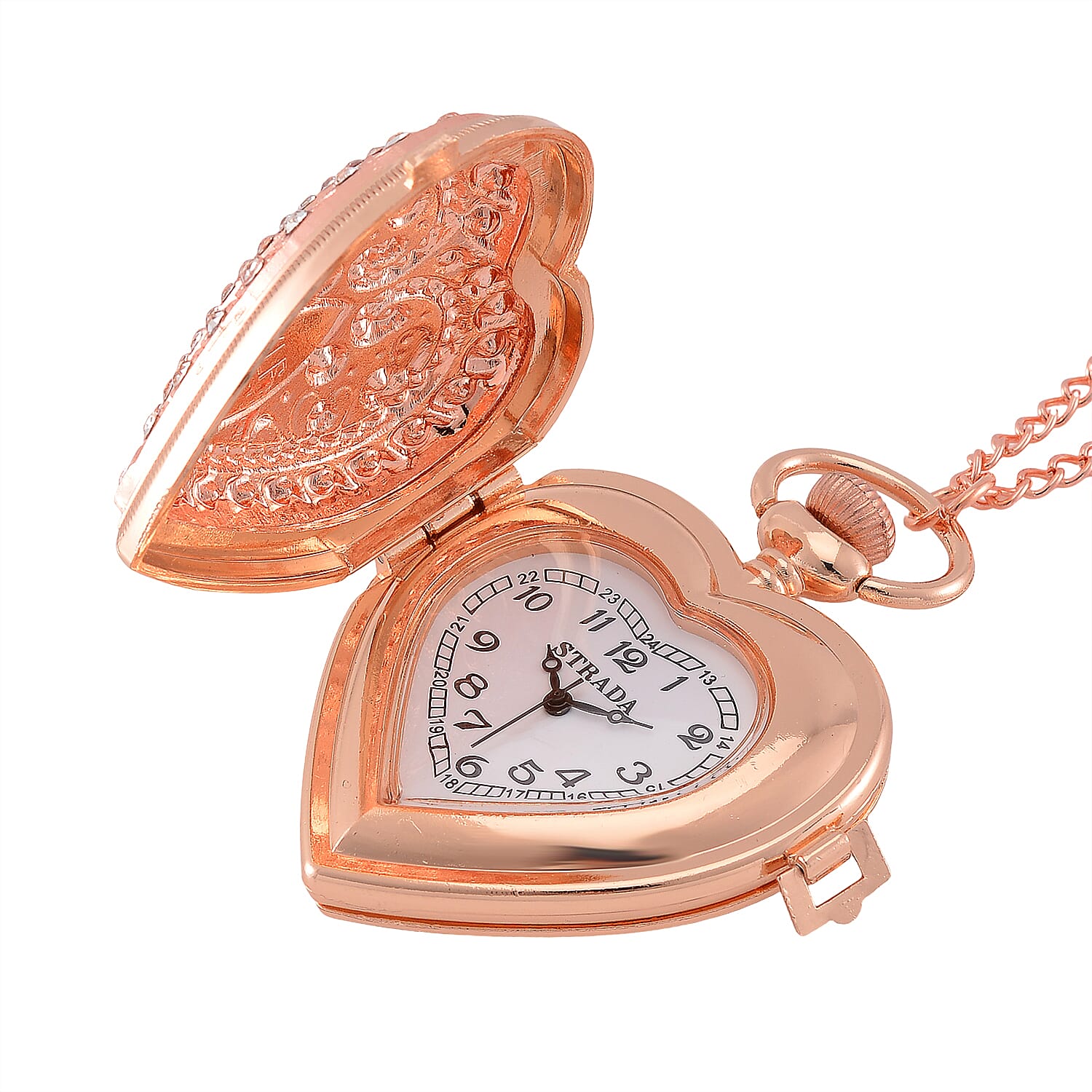 Strada Red Glass, Multi Color Austrian Crystal Japanese Movement Heart Shaped Pocket Watch with Chain (31 Inches) in Rosetone