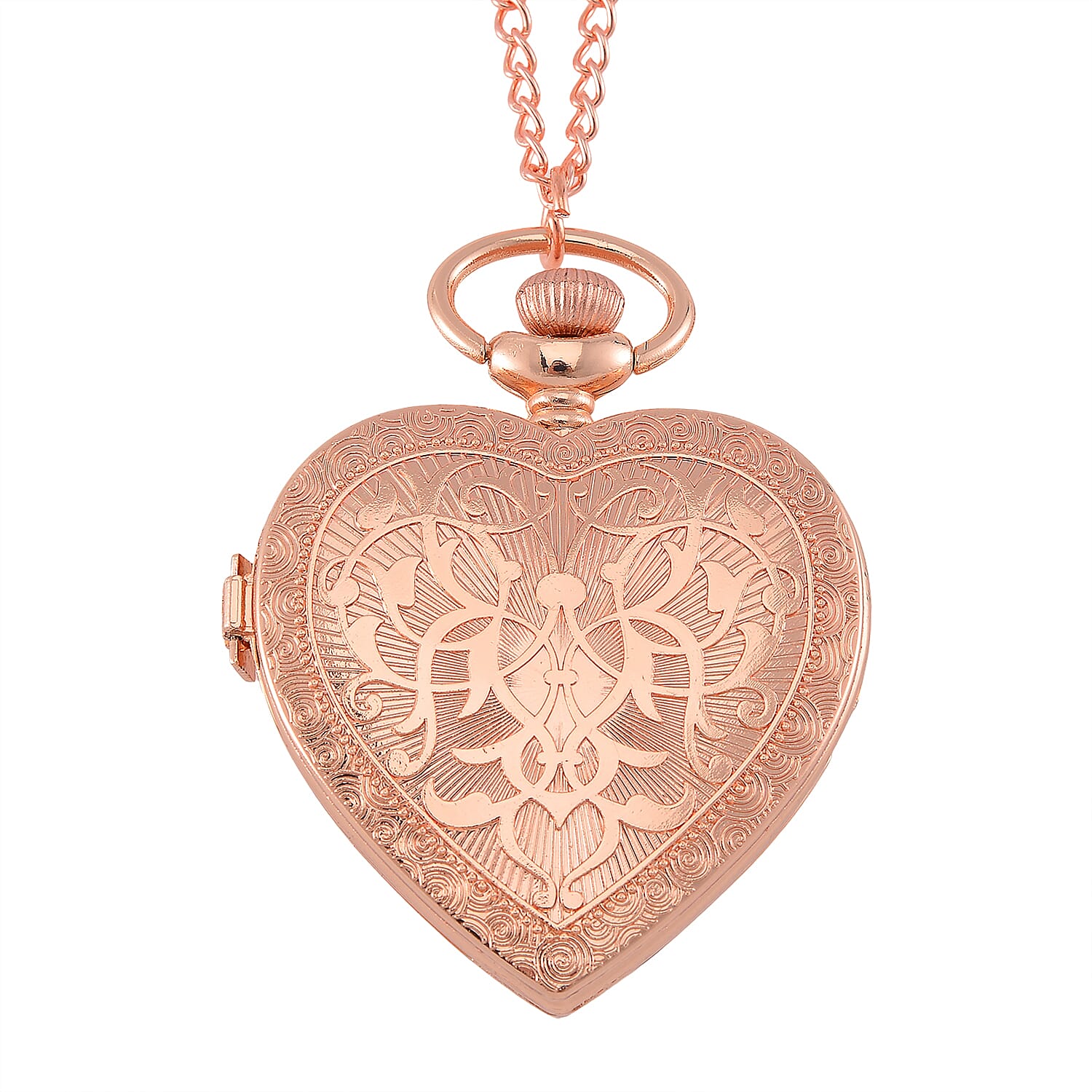 Strada Red Glass, Multi Color Austrian Crystal Japanese Movement Heart Shaped Pocket Watch with Chain (31 Inches) in Rosetone