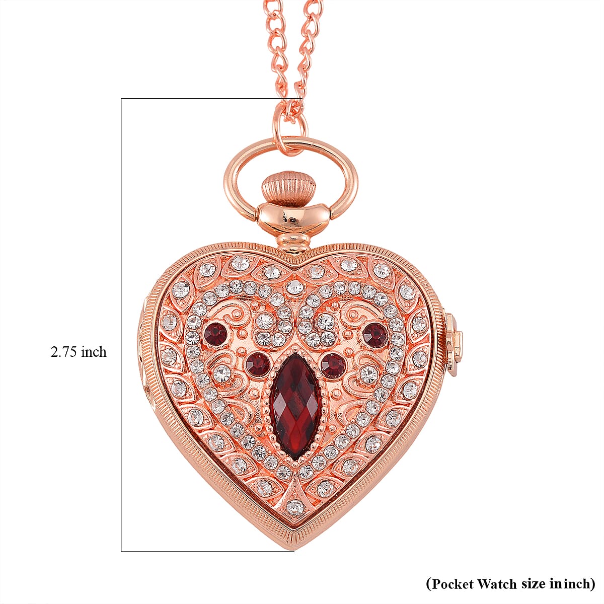 Strada Red Glass, Multi Color Austrian Crystal Japanese Movement Heart Shaped Pocket Watch with Chain (31 Inches) in Rosetone image number 7