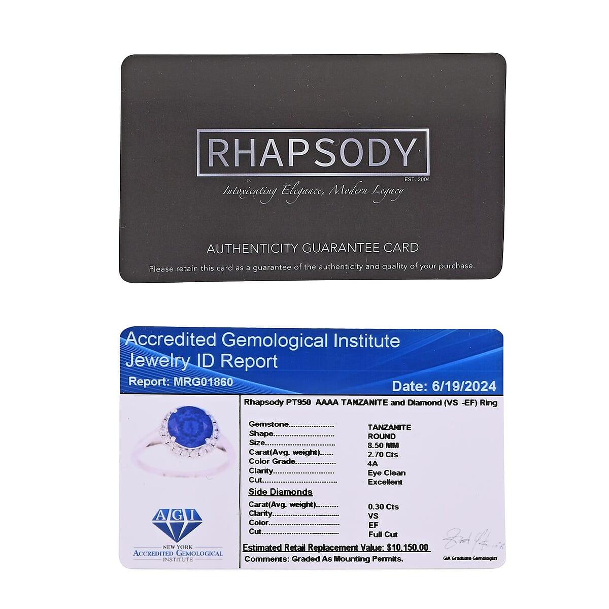 Certified & Appraised Rhapsody AAAA Tanzanite and E-F VS Diamond 3.00 ctw Ring in 950 Platinum (Size 4.0) 6.30 Grams image number 7