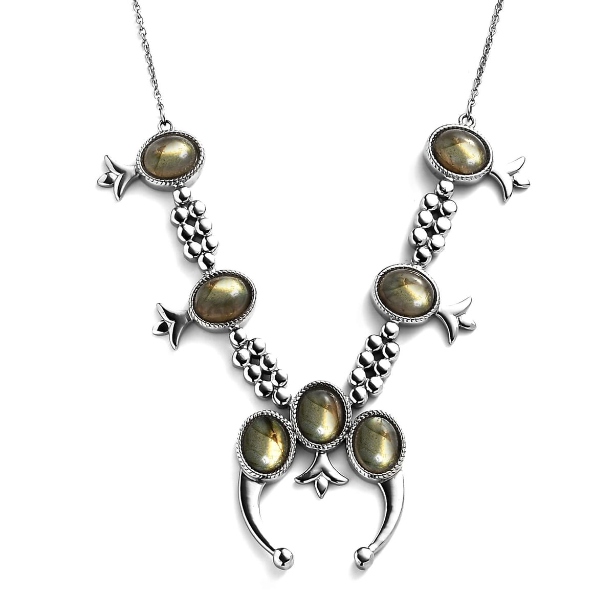 Madagascar Fire Labradorite 25.50 Squash Blossom Necklace 18 Inches in Stainless Steel image number 0