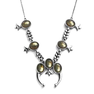 Madagascar Fire Labradorite 25.50 Squash Blossom Necklace 18 Inches in Stainless Steel