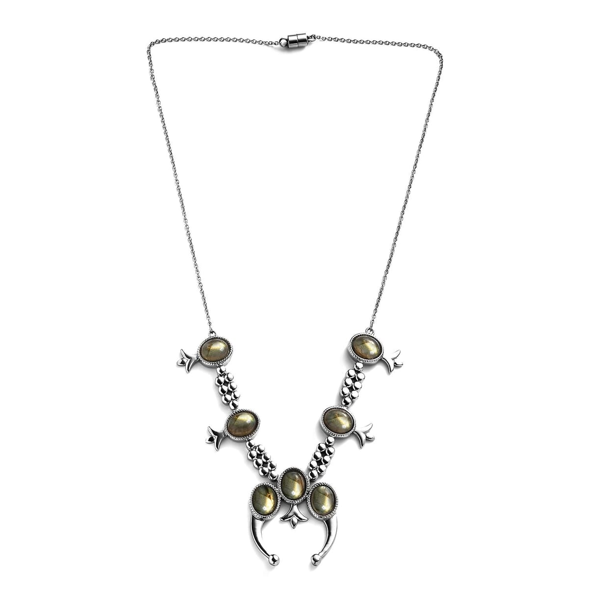 Madagascar Fire Labradorite 25.50 Squash Blossom Necklace 18 Inches in Stainless Steel image number 3