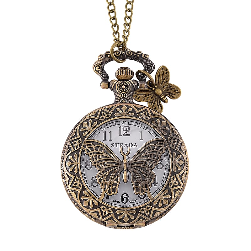 Strada Japanese Movement Butterfly Pocket Watch with Charm and Chain (36 Inches) in Antique Bronze