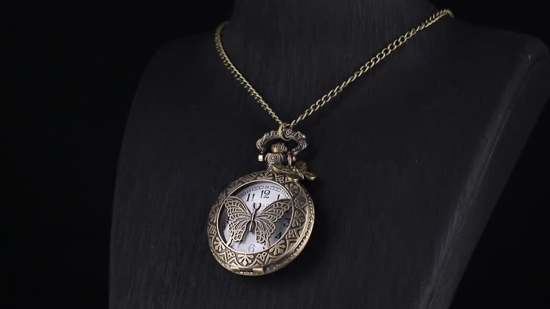 Strada Japanese Movement Butterfly  FoldablePocket Watch with Charm and Chain (36 Inches) in Antique Bronze