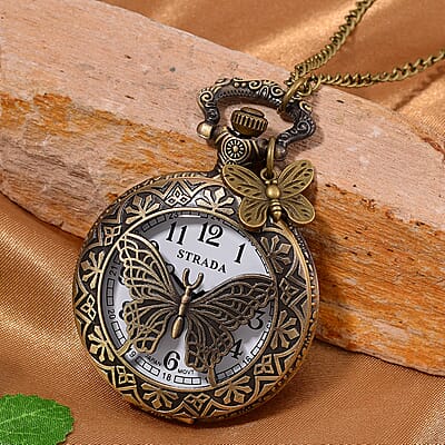 Strada Japanese Movement Butterfly Pocket Watch with Charm and Chain (36 Inches) in Antique Bronze