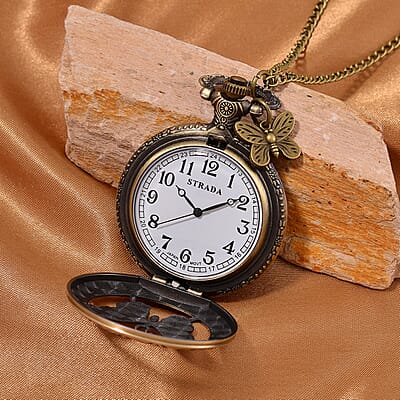 Strada Japanese Movement Butterfly Pocket Watch with Charm and Chain (36 Inches) in Antique Bronze
