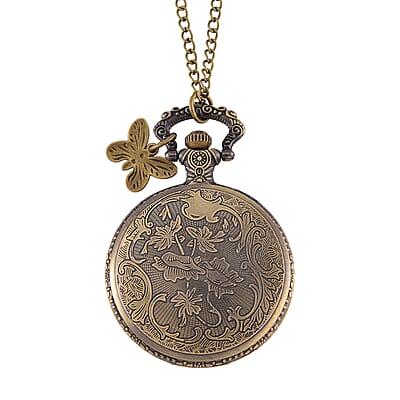 Strada Japanese Movement Butterfly Pocket Watch with Charm and Chain (36 Inches) in Antique Bronze