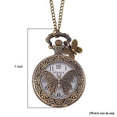 Strada Japanese Movement Butterfly Pocket Watch with Charm and Chain (36 Inches) in Antique Bronze
