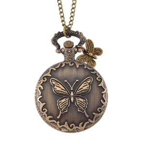 Strada Japanese Movement Butterfly Pocket Watch with Charm and Chain (36 Inches) in Antique Bronze 