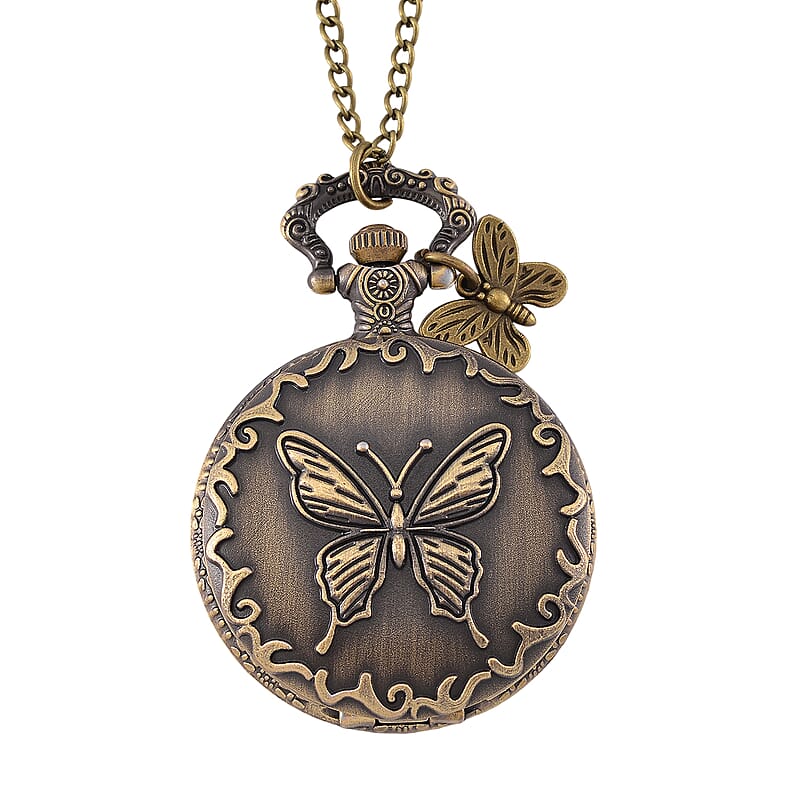 Strada Japanese Movement Butterfly Pocket Watch with Charm and Chain (36 Inches) in Antique Bronze 