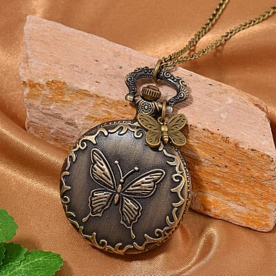 Strada Japanese Movement Butterfly Pocket Watch with Charm and Chain (36 Inches) in Antique Bronze 
