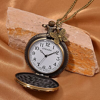 Strada Japanese Movement Butterfly Pocket Watch with Charm and Chain (36 Inches) in Antique Bronze 