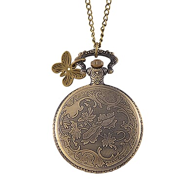 Strada Japanese Movement Butterfly Pocket Watch with Charm and Chain (36 Inches) in Antique Bronze 