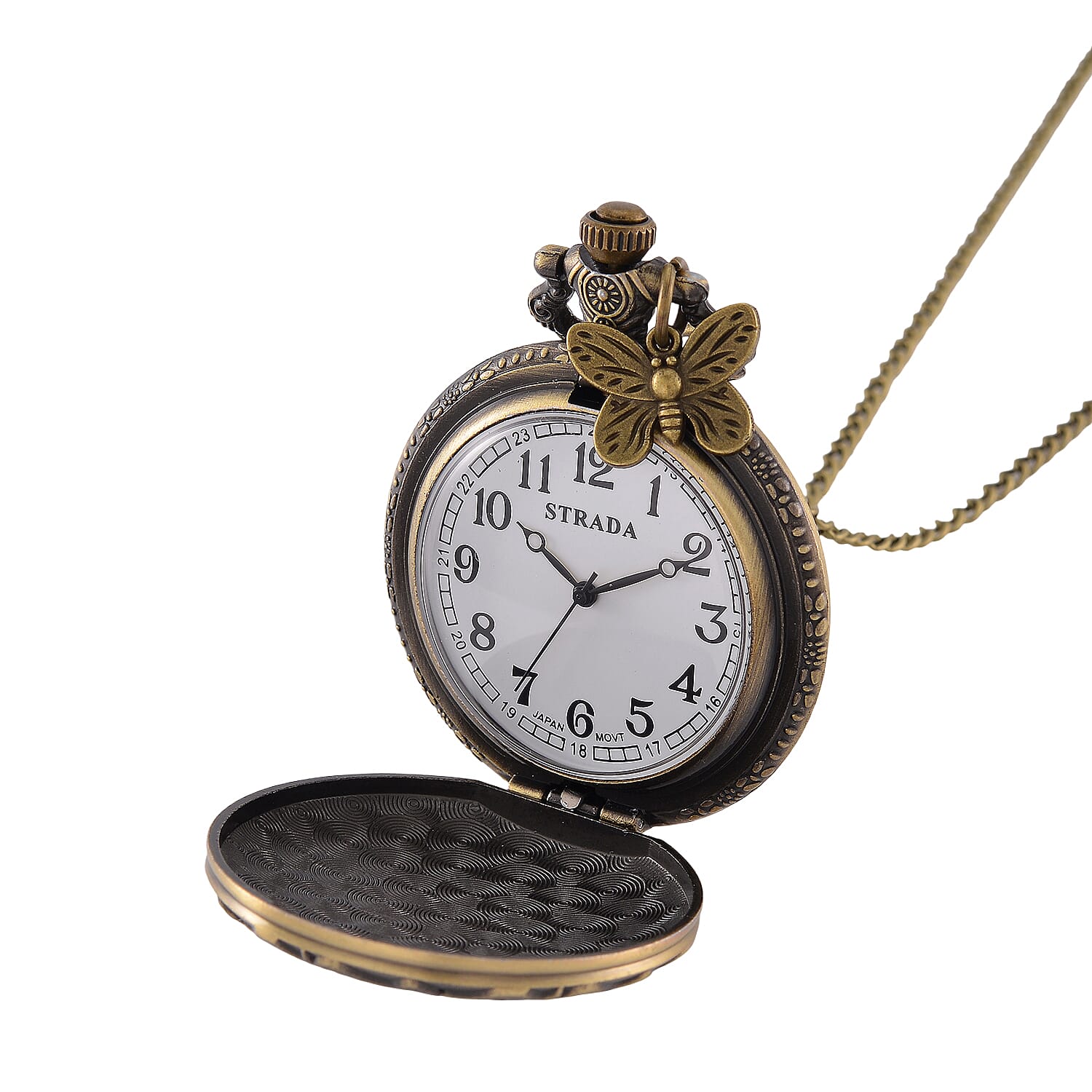 Strada Japanese Movement Butterfly Pocket Watch with Charm and Chain (36 Inches) in Antique Bronze 