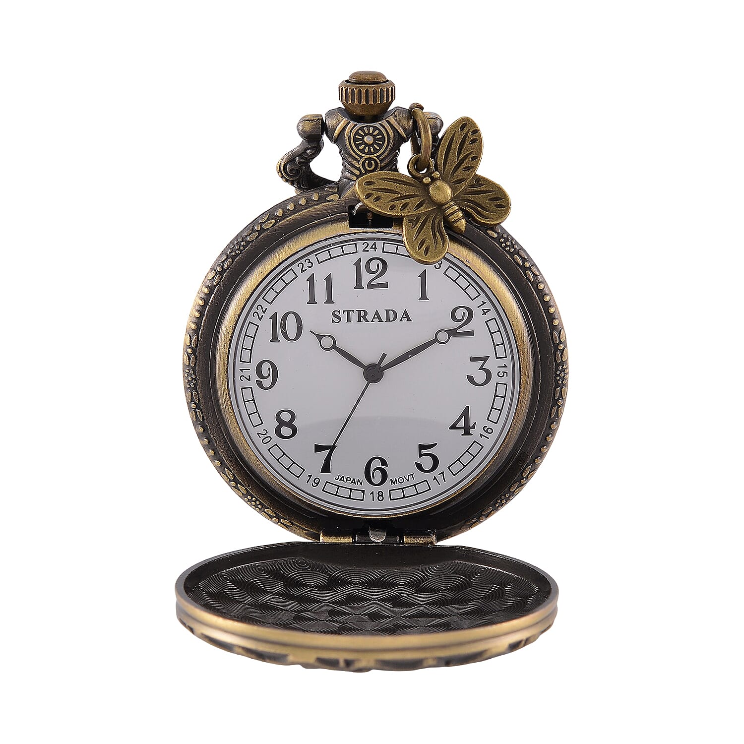 Strada Japanese Movement Butterfly Pocket Watch with Charm and Chain (36 Inches) in Antique Bronze 