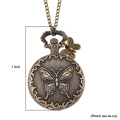 Strada Japanese Movement Butterfly Pocket Watch with Charm and Chain (36 Inches) in Antique Bronze 