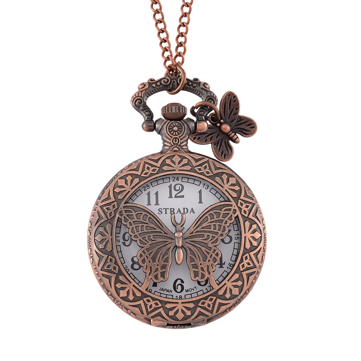 Strada Japanese Movement Butterfly Pocket Watch with Charm and Chain (36 Inches) in Red Bronze  image number 0
