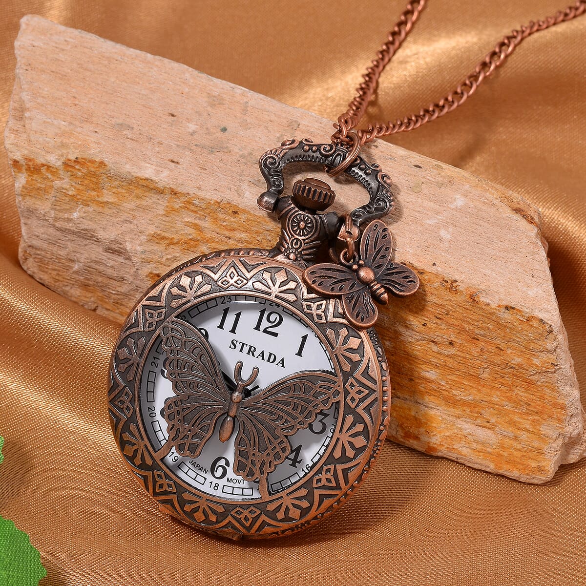 Strada Japanese Movement Butterfly Pocket Watch with Charm and Chain (36 Inches) in Red Bronze  image number 1