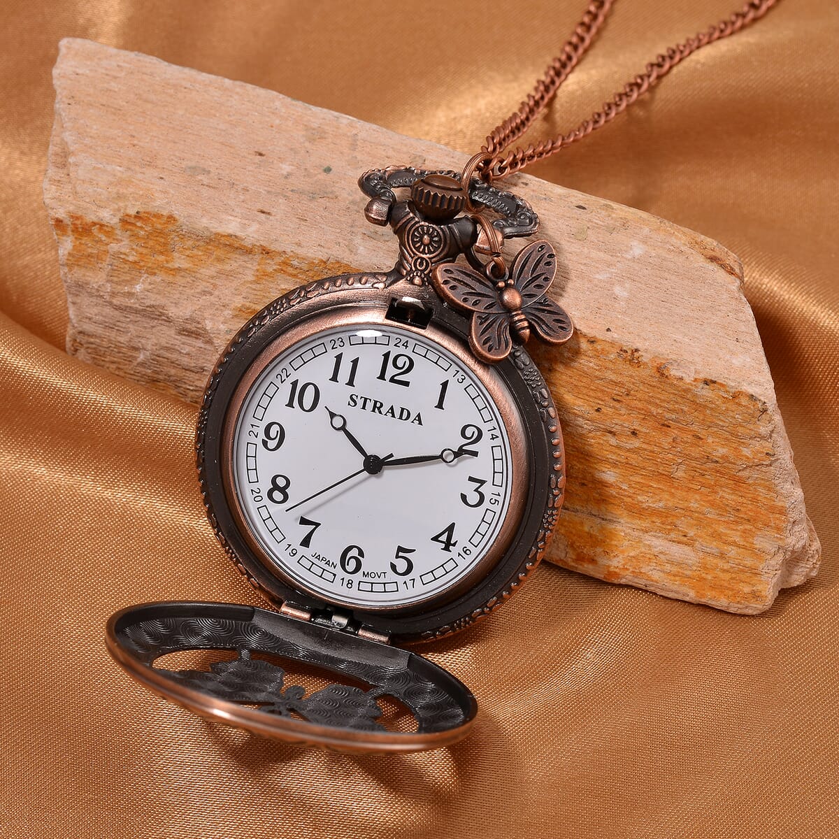 Strada Japanese Movement Butterfly Pocket Watch with Charm and Chain (36 Inches) in Red Bronze  image number 2