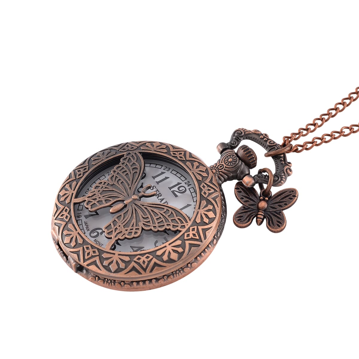 Strada Japanese Movement Butterfly Pocket Watch with Charm and Chain (36 Inches) in Red Bronze  image number 3