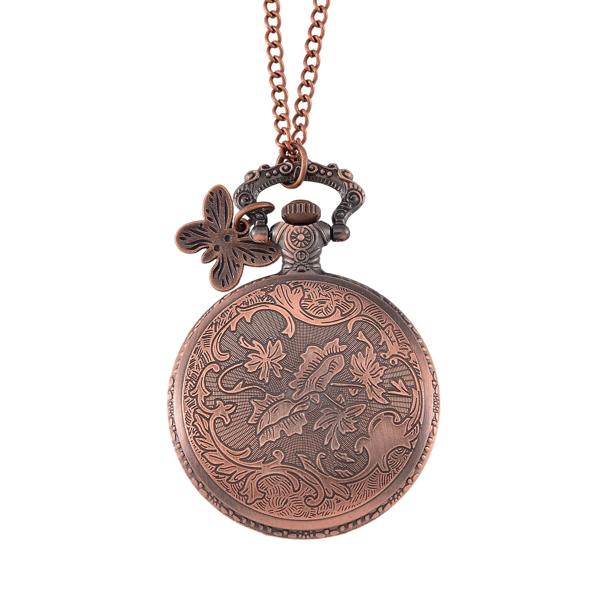 Strada Japanese Movement Butterfly Pocket Watch with Charm and Chain (36 Inches) in Red Bronze  image number 4