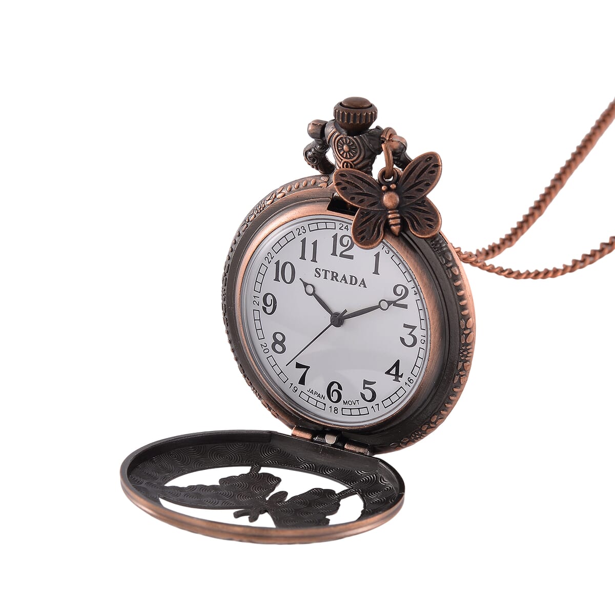 Strada Japanese Movement Butterfly Pocket Watch with Charm and Chain (36 Inches) in Red Bronze  image number 5
