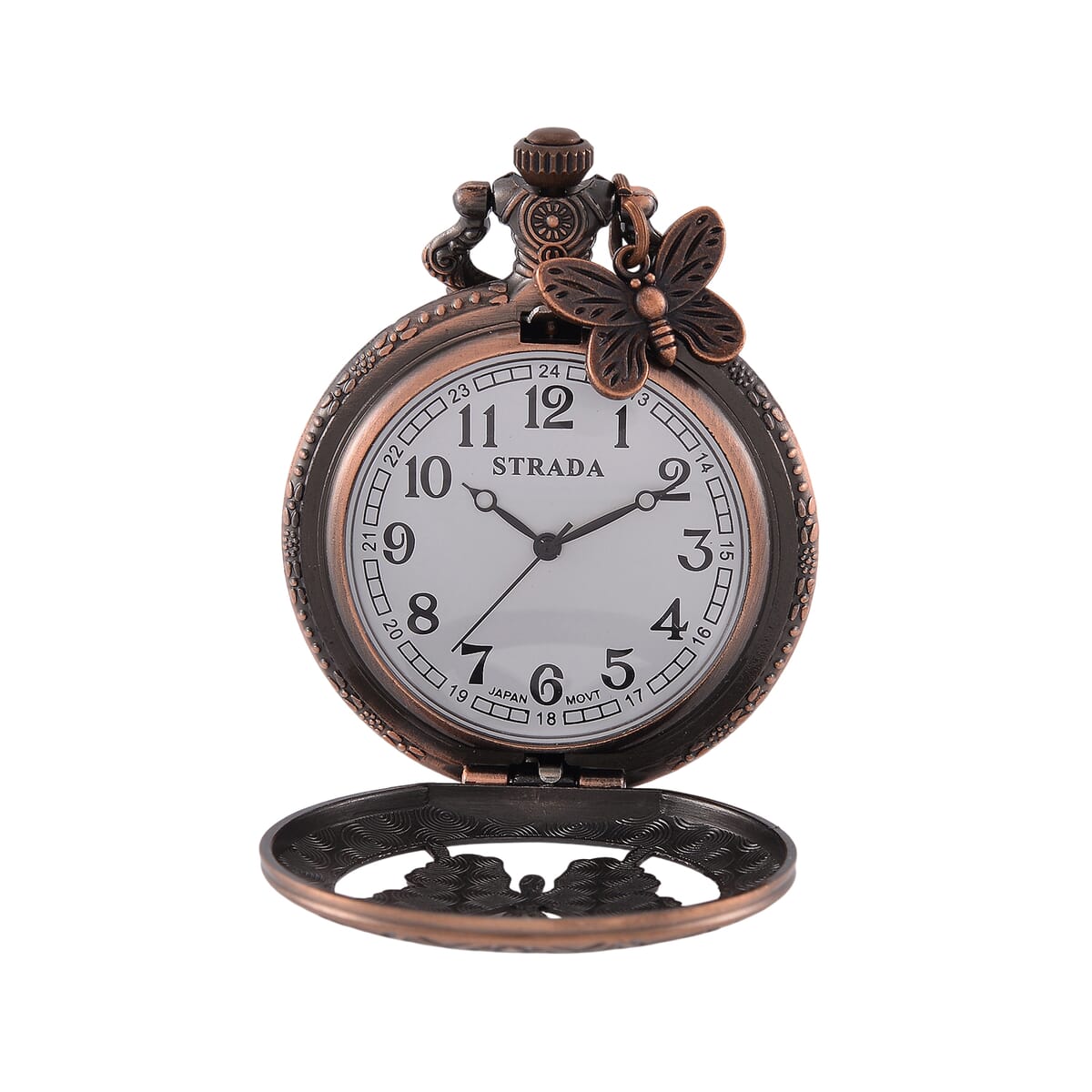 Strada Japanese Movement Butterfly Pocket Watch with Charm and Chain (36 Inches) in Red Bronze  image number 6