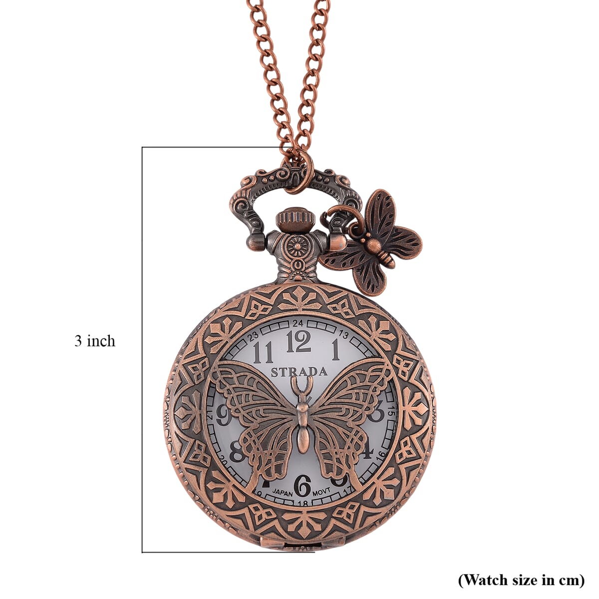 Strada Japanese Movement Butterfly Pocket Watch with Charm and Chain (36 Inches) in Red Bronze  image number 8