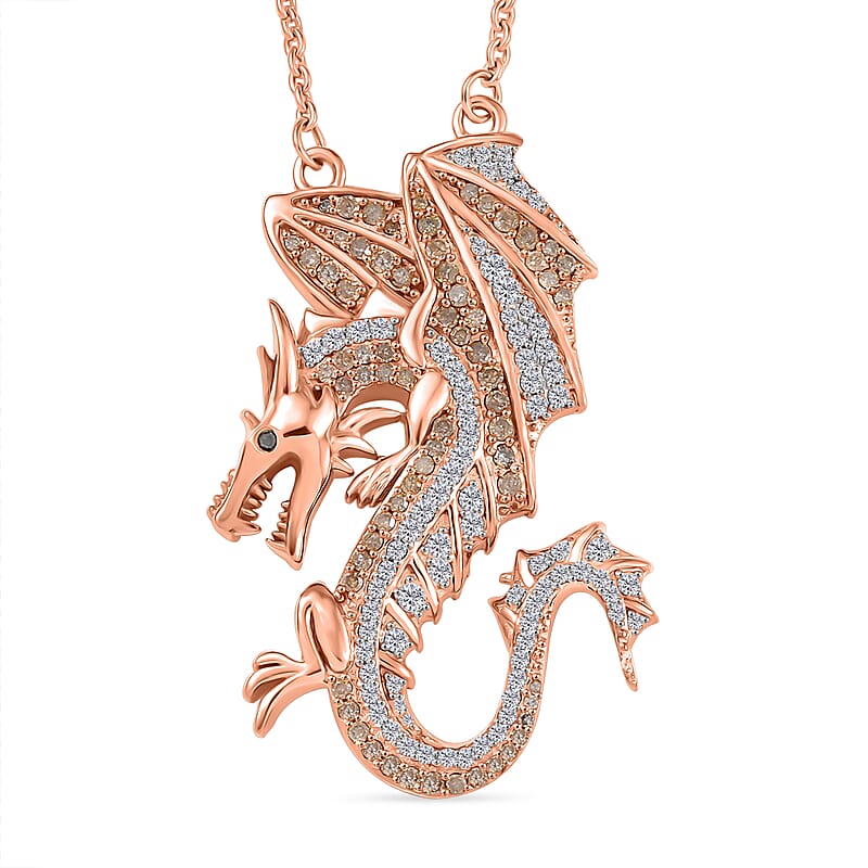 D'Joy Natural Champagne Diamond, Black Diamond 1.00 ctw Dragon Necklace 18 Inches in 18K Vermeil Rose Gold Over Sterling Silver