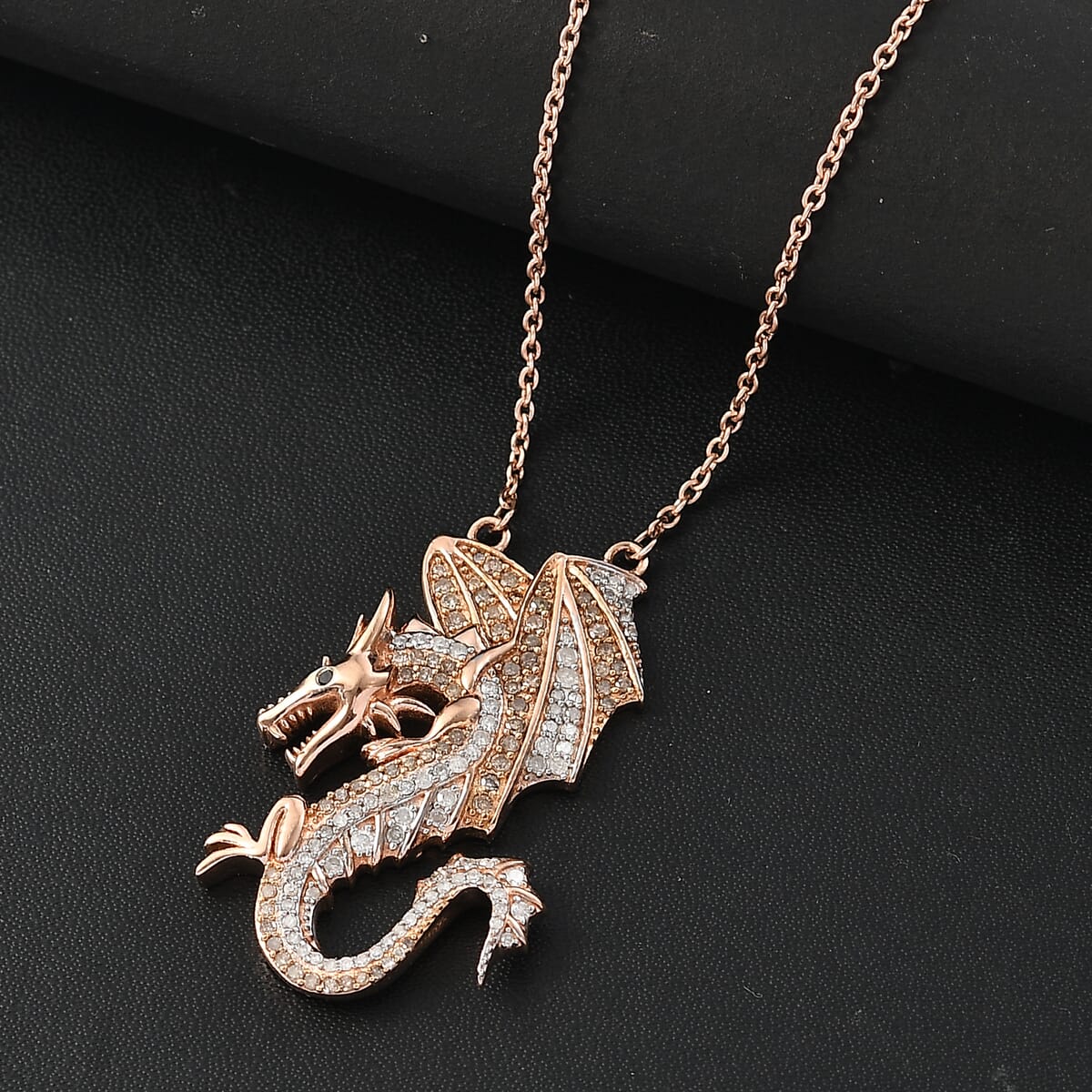 Natural Champagne Diamond, Black Diamond 1.00 ctw Dragon Necklace 18 Inches in 18K Vermeil Rose Gold Over Sterling Silver  image number 1