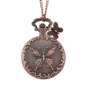 Strada Japanese Movement Butterfly Pocket Watch with Charm and Chain (36 Inches) in Red Bronze 