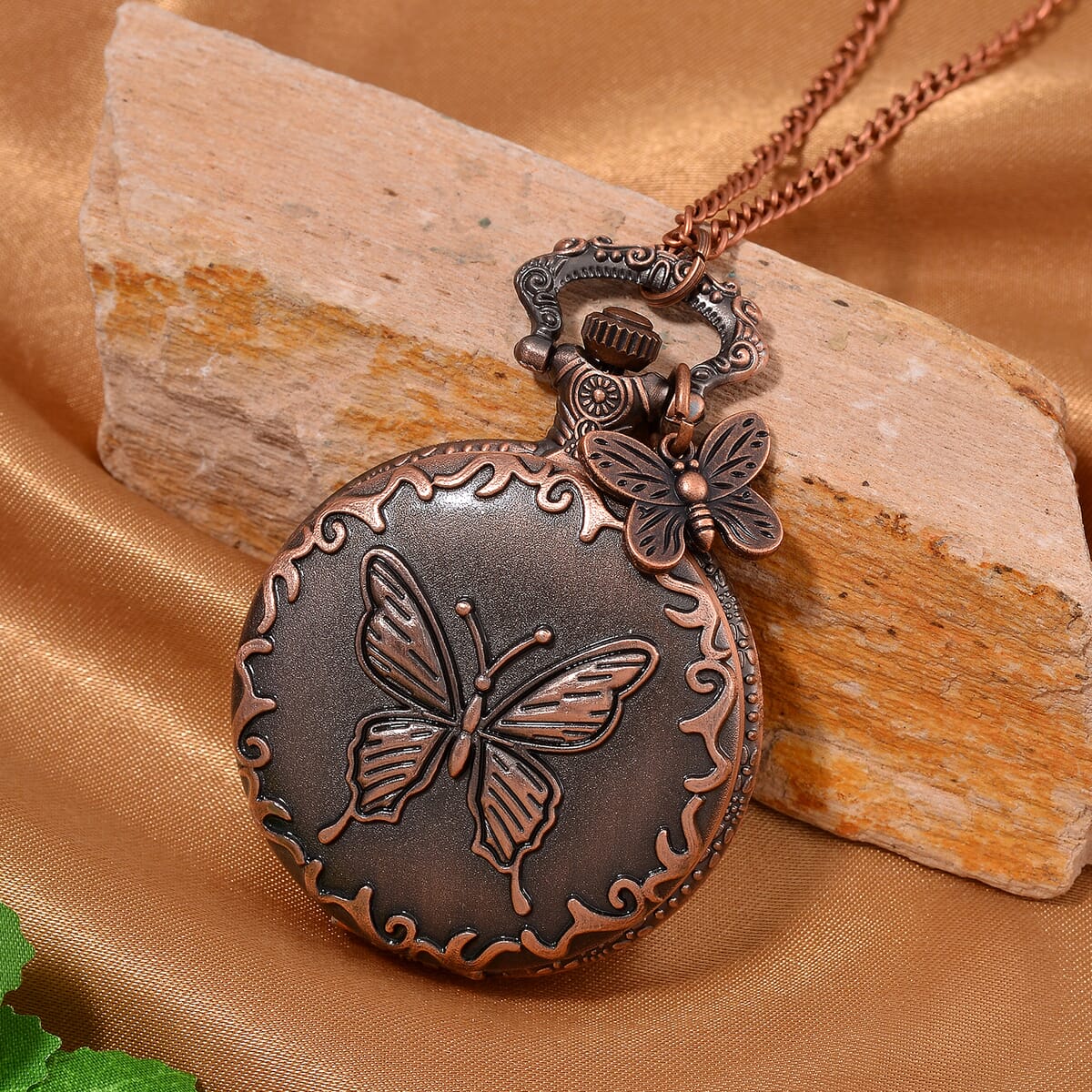 Strada Japanese Movement Butterfly Pocket Watch with Charm and Chain (36 Inches) in Red Bronze  image number 1