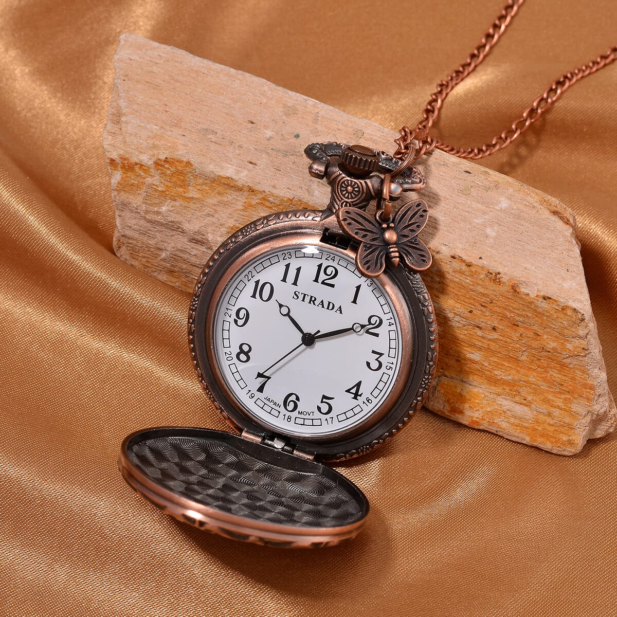 Strada Japanese Movement Butterfly Pocket Watch with Charm and Chain (36 Inches) in Red Bronze  image number 2