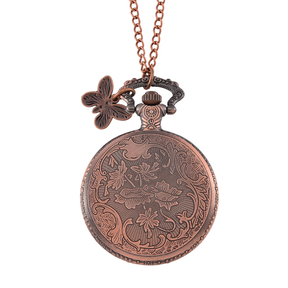 Strada Japanese Movement Butterfly Pocket Watch with Charm and Chain (36 Inches) in Red Bronze  image number 4