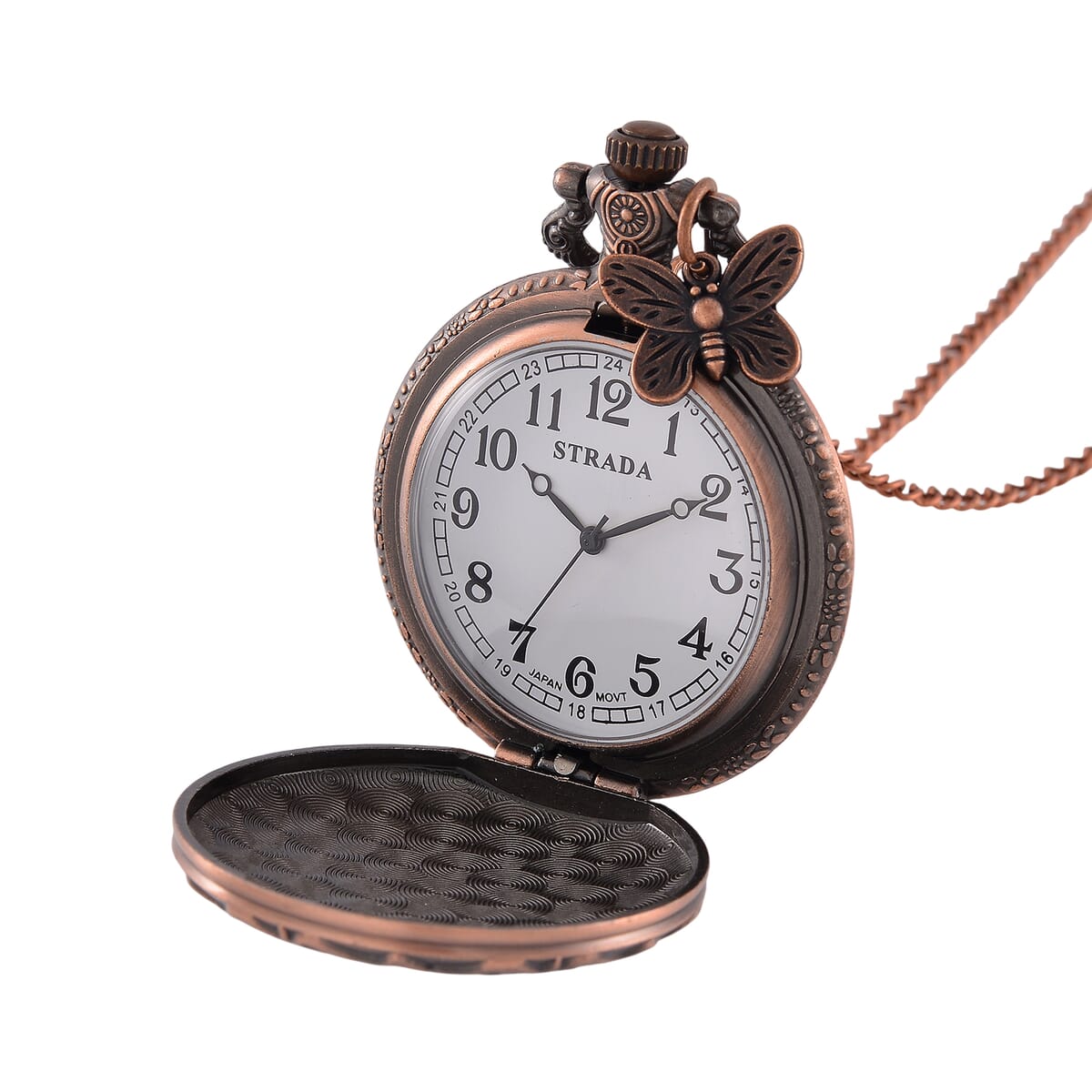 Strada Japanese Movement Butterfly Pocket Watch with Charm and Chain (36 Inches) in Red Bronze  image number 5