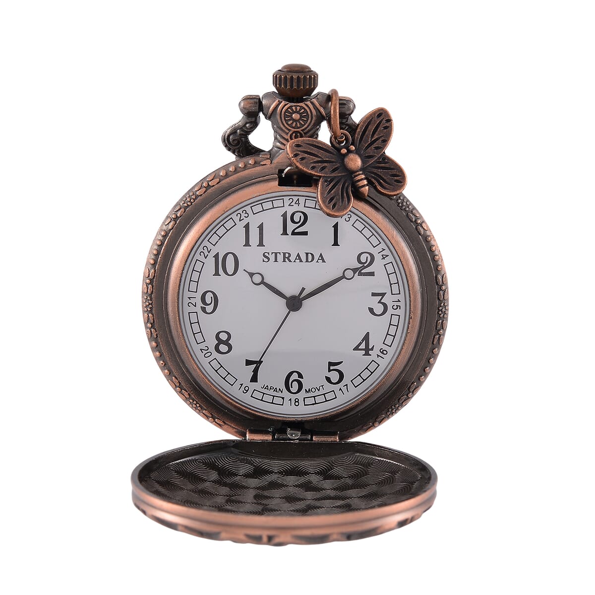 Strada Japanese Movement Butterfly Pocket Watch with Charm and Chain (36 Inches) in Red Bronze  image number 6