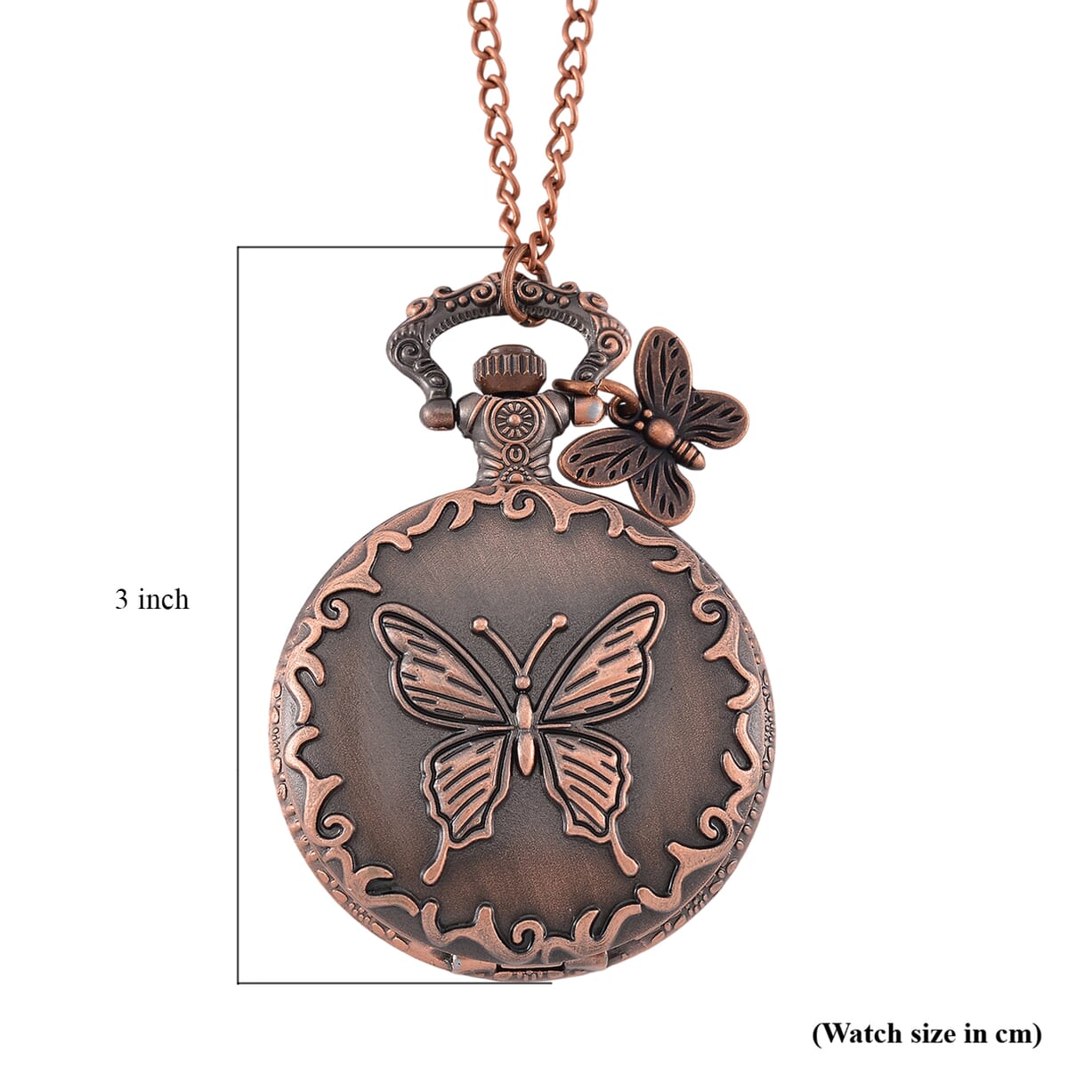 Strada Japanese Movement Butterfly Pocket Watch with Charm and Chain (36 Inches) in Red Bronze  image number 8