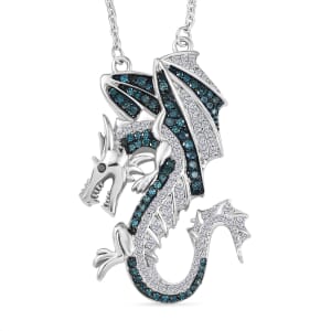 Blue and Black Diamond 1.00 ctw Dragon Necklace 18 Inches in Rhodium Over Sterling Silver 