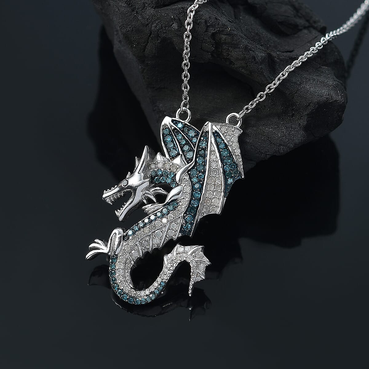 D'Joy Blue and Black Diamond 1.00 ctw Dragon Necklace 18 Inches in Rhodium Over Sterling Silver  image number 1