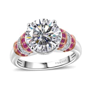 Heart and Arrow Cut Moissanite and Pink Sapphire 3.90 ctw Moonlit Grace Ring in Rhodium Over Sterling Silver (Size 10.0)