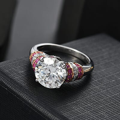 D'Joy Heart and Arrow Cut Moissanite and Pink Sapphire 3.90 ctw Moonlit Grace Ring in Rhodium Over Sterling Silver (Size 10.0)